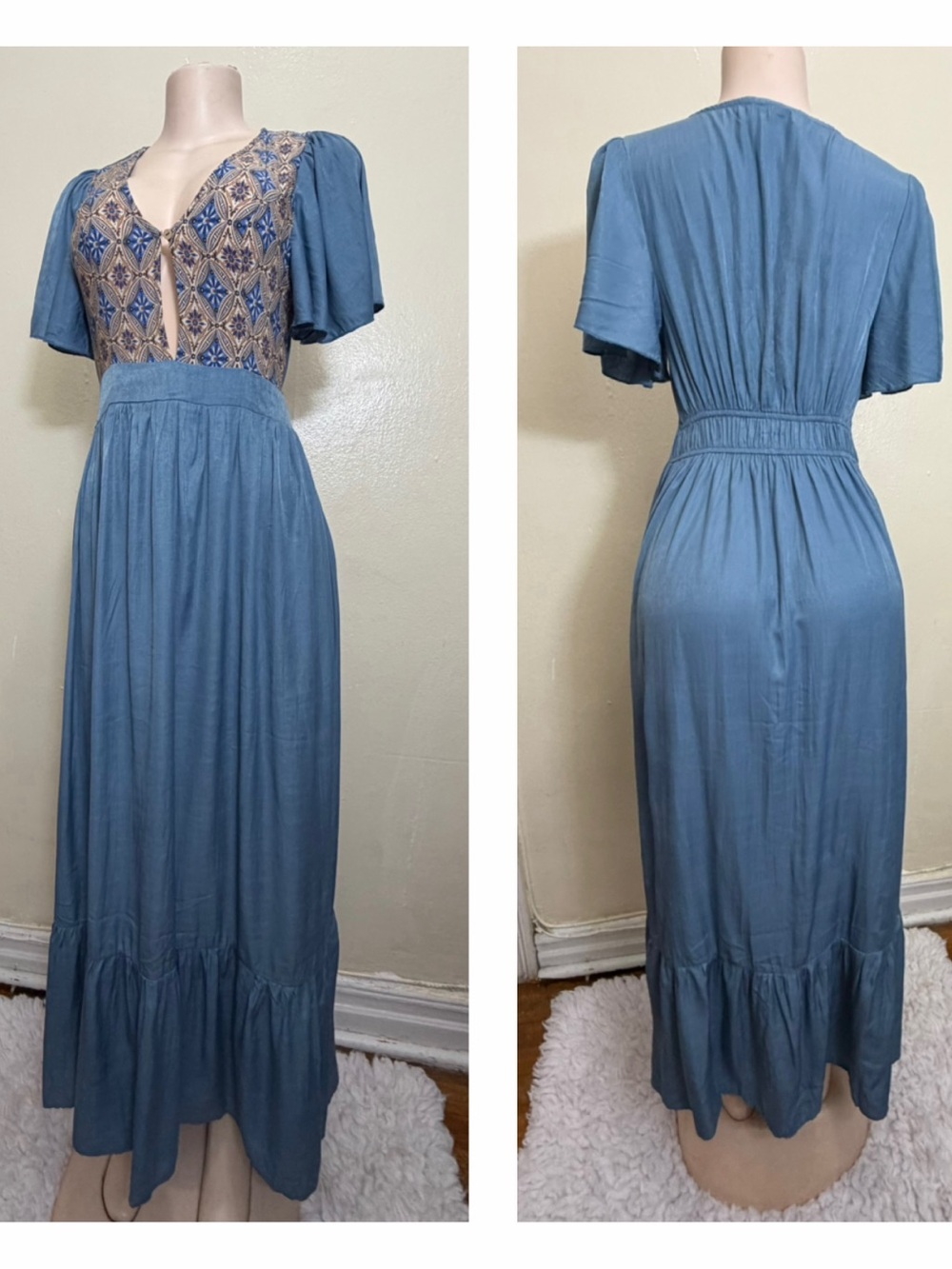 NWOT Embroidered V-Neck Maxi Dress in Dusty Blue